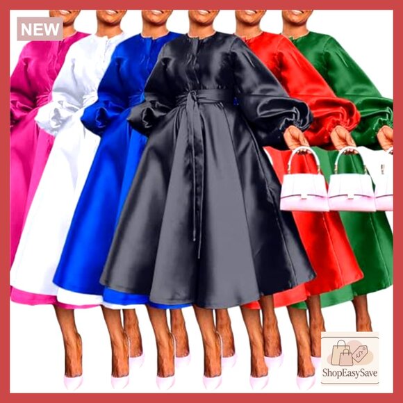 Satin Maxi Dress Long Sleeve A-Line Flowy Elegant Semi Formal with Pockets - Picture 5 of 5